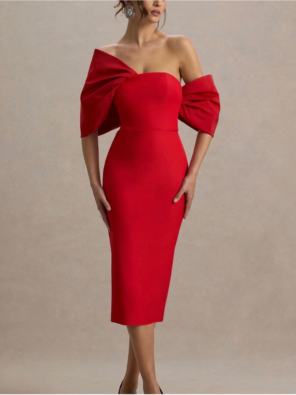Club London Off-Shoulder Red Midi Dress bow detail